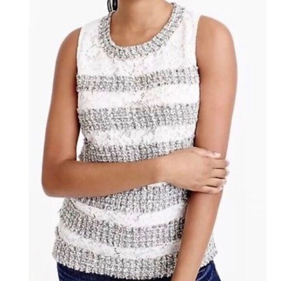 J Crew Silver Ivory Stripe Blue Gray Textured Boucle Sleeveless Shell S - Picture 1 of 8